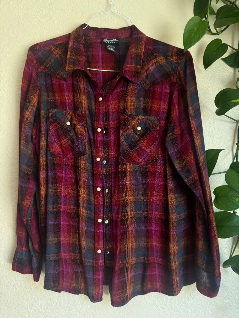 Wrangler Retro Plaid Western Shirt XL Pearl Snap Burgundy Red Cowgirl